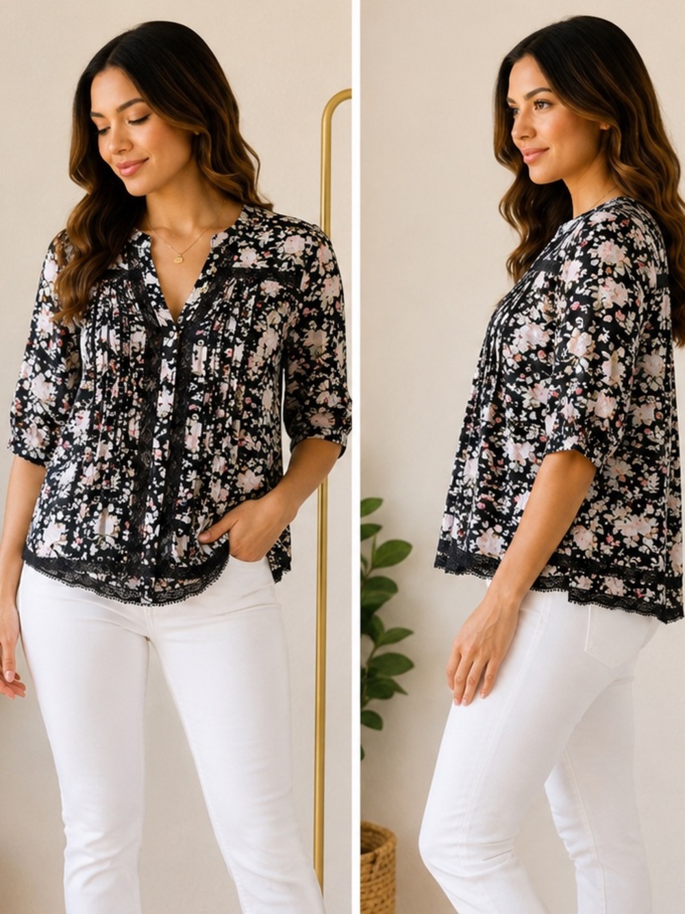 Maeve Black Floral Lace-Trim Peasant Blouse